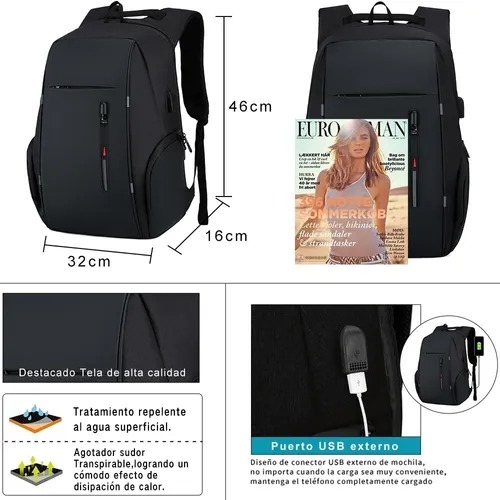 Mochila Con Laterales Usb - Negro - Imagen 3