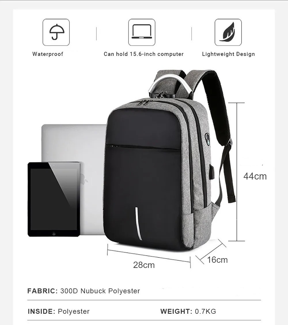 Mochila Antirrobo Con Clave Impermeable Usb - Gris - Imagen 2