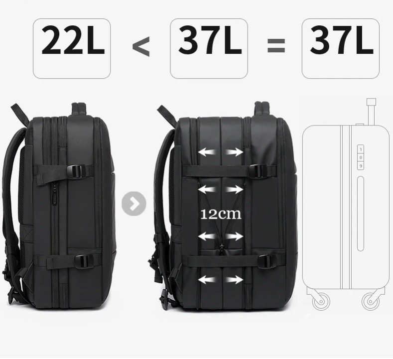 Mochila de Viaje USB Maleta de Mano Expandible a 37L Impermeable - Imagen 4