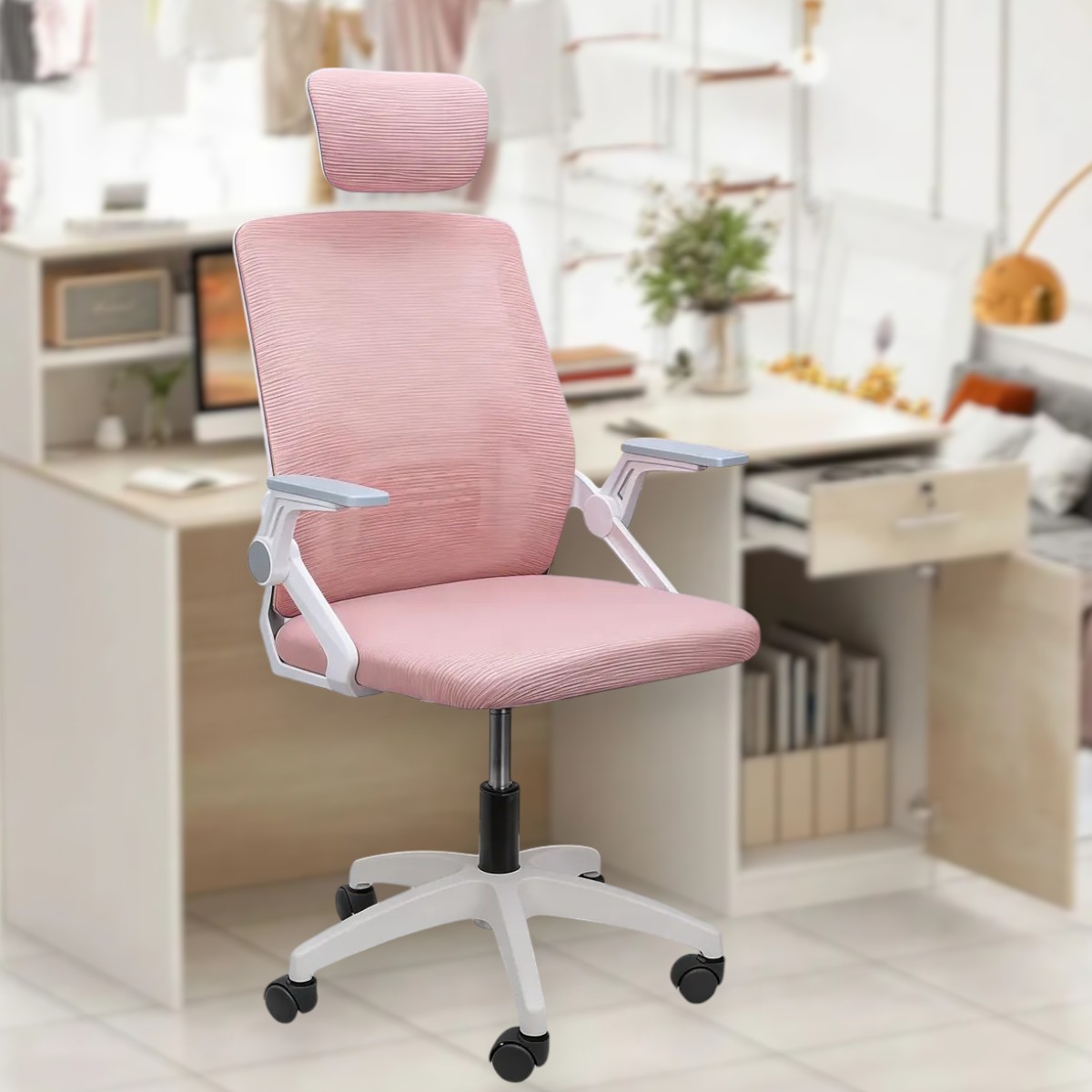 Silla Ergonómica de Oficina con Cabecera y Respaldo Regulables Rosada - Imagen 6